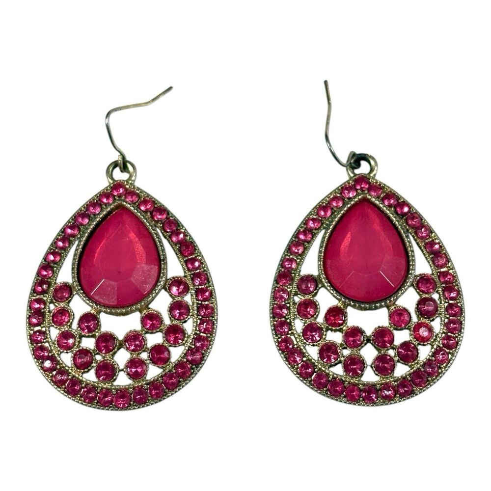 Fuchsia Pink Rhinestone Teardrop Dangle Earrings Gold Tone Statement Boho